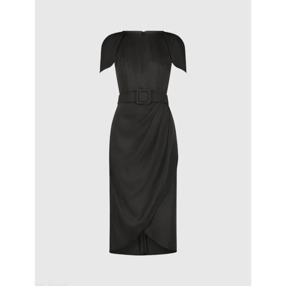 NWT Mac Duggal Black Crepe Belted Tulip Sleeve Midi Dress 8 Quiet Luxury Career - Picture 4 of 13